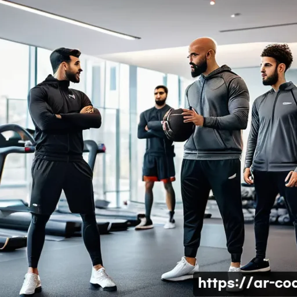 스포츠지도사 자격증 취득 후 경력 쌓는 법 - A professional Arabic male sports coach wearing a fitted sports tracksuit and sneakers, confidently ...
