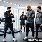 스포츠지도사 자격증 취득 후 경력 쌓는 법 - A professional Arabic male sports coach wearing a fitted sports tracksuit and sneakers, confidently ...