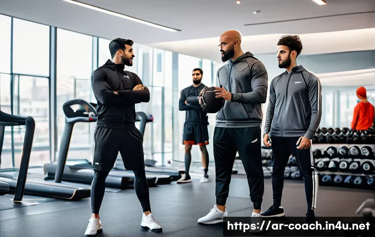 스포츠지도사 자격증 취득 후 경력 쌓는 법 - A professional Arabic male sports coach wearing a fitted sports tracksuit and sneakers, confidently ...