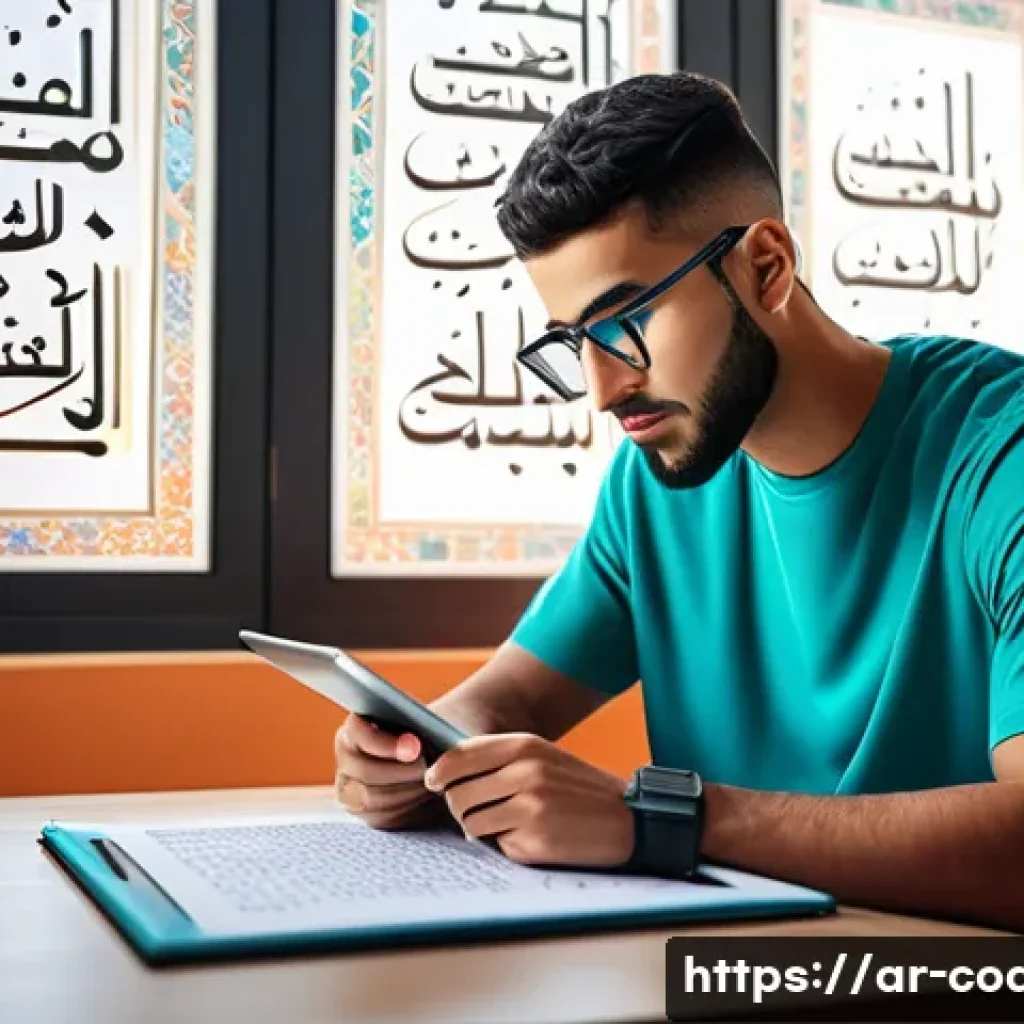 스포츠지도사 자격증 준비 기간 단축법 - A focused young Arab male athlete studying sports training theory at a modern desk with a digital ta...
