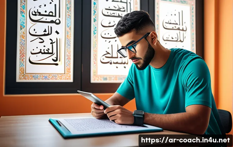 스포츠지도사 자격증 준비 기간 단축법 - A focused young Arab male athlete studying sports training theory at a modern desk with a digital ta...