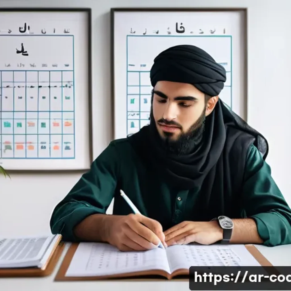 스포츠지도사 시험 전 필수 체크리스트 - A focused young Arab student sitting at a tidy desk in a bright, modern study room, surrounded by Ar...