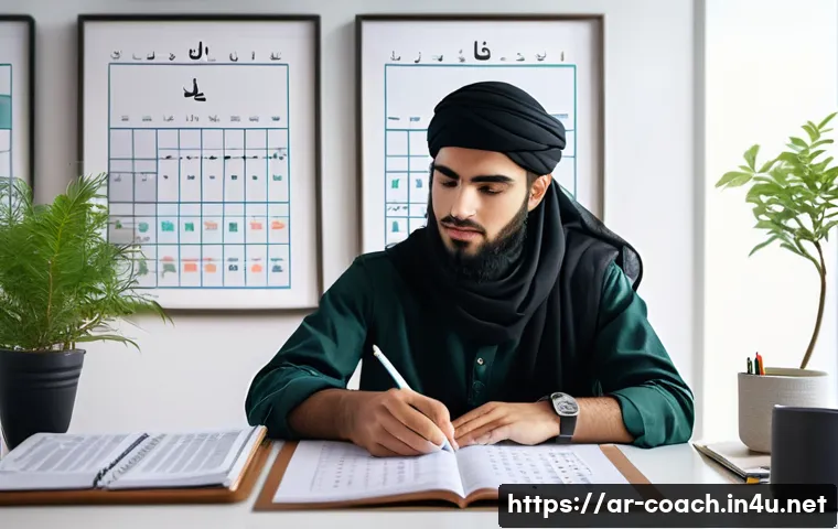 스포츠지도사 시험 전 필수 체크리스트 - A focused young Arab student sitting at a tidy desk in a bright, modern study room, surrounded by Ar...