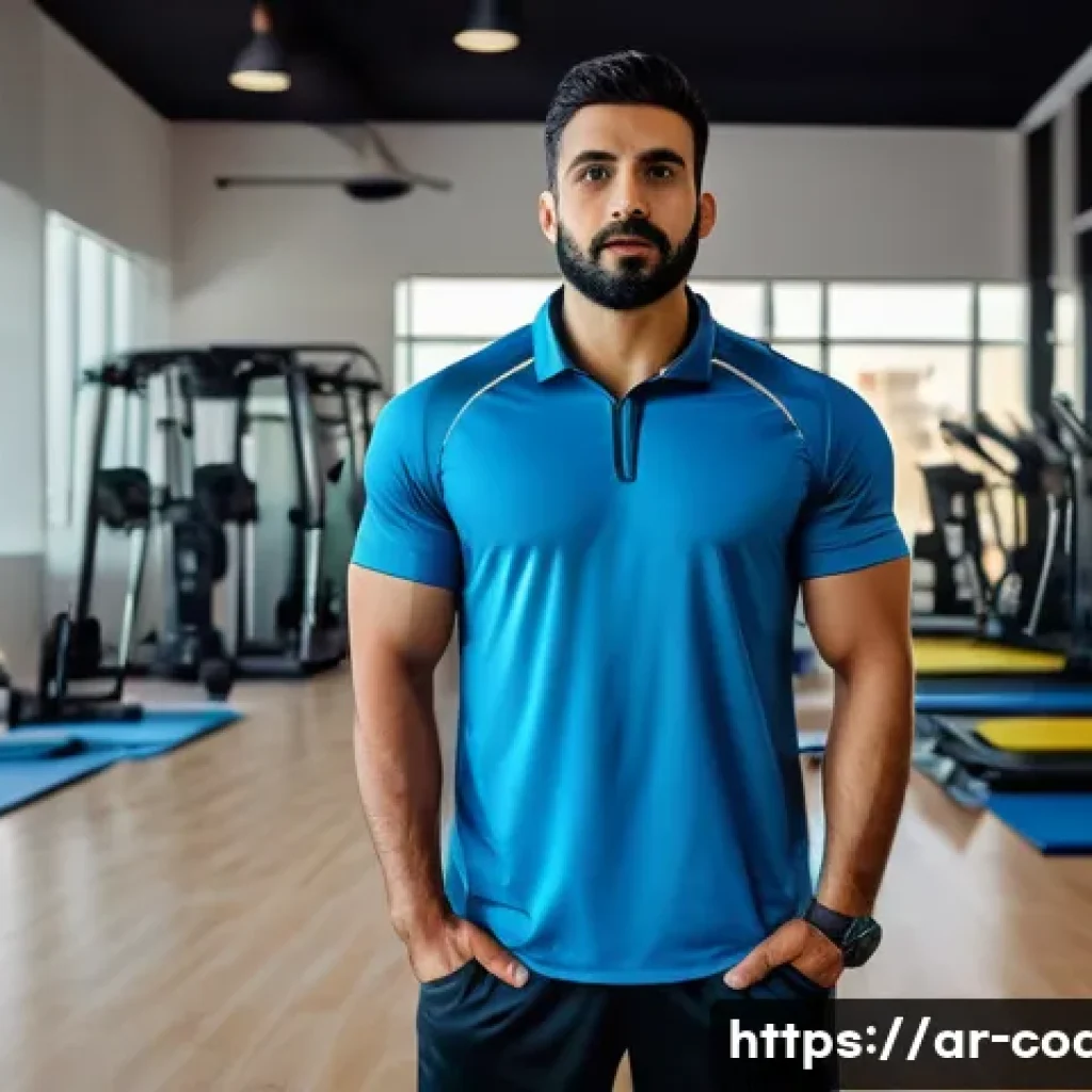 스포츠지도사 이직 성공담 인터뷰 - A professional Arab male sports coach in his early 30s, wearing modern athletic training gear and a ...