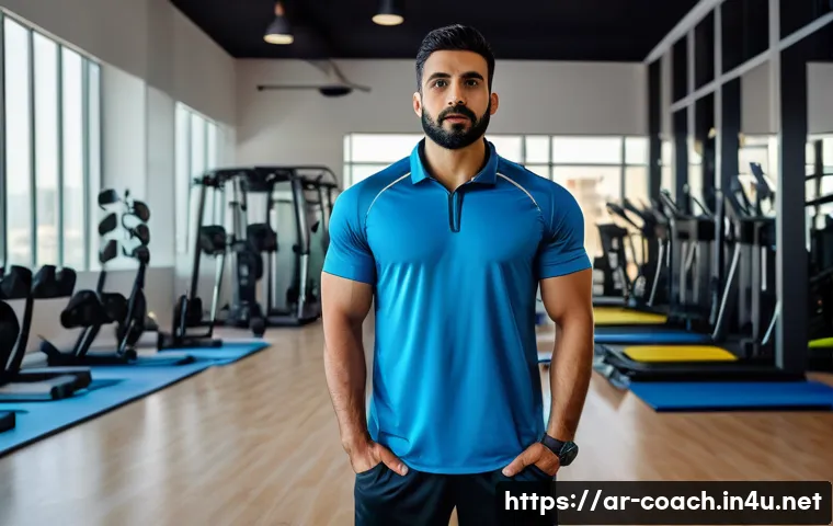 스포츠지도사 이직 성공담 인터뷰 - A professional Arab male sports coach in his early 30s, wearing modern athletic training gear and a ...