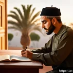스포츠지도사 필기시험 예상문제 풀이 - A focused Arabic male adult student sitting at a traditional wooden desk in a cozy, modern study roo...