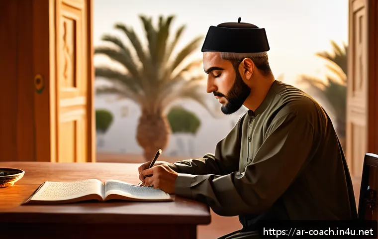 스포츠지도사 필기시험 예상문제 풀이 - A focused Arabic male adult student sitting at a traditional wooden desk in a cozy, modern study roo...