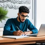 스포츠지도사 필기시험 공부법 추천 - A young Arab man studying at a modern desk in a quiet, well-lit room decorated with Arabic calligrap...