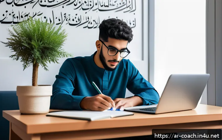 스포츠지도사 필기시험 공부법 추천 - A young Arab man studying at a modern desk in a quiet, well-lit room decorated with Arabic calligrap...