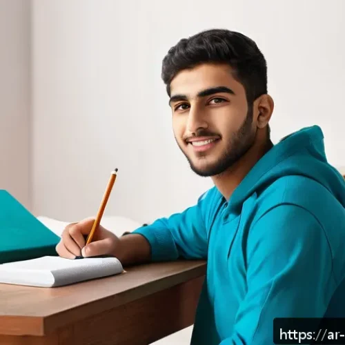 스포츠지도사 시험 스트레스 관리법 - A focused young Arab male student sitting at a traditional study desk in a quiet, well-lit room with...