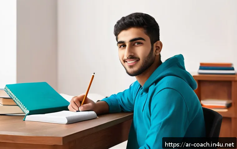스포츠지도사 시험 스트레스 관리법 - A focused young Arab male student sitting at a traditional study desk in a quiet, well-lit room with...