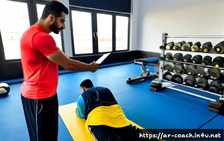 스포츠지도사 자격증 필요한 이유 - Photorealistic modern fitness assessment in an upscale Middle Eastern sports center, a qualified Ara...